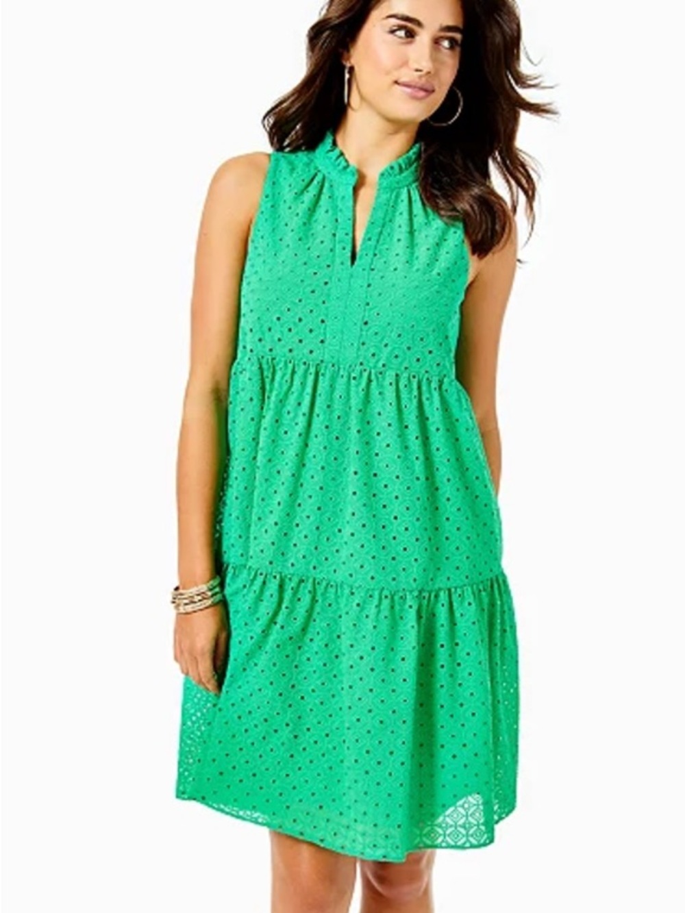 Lilly Pulitzer Small Agave Green Eyelet Lace Tiered Dress Sleeveless Pockets Sm